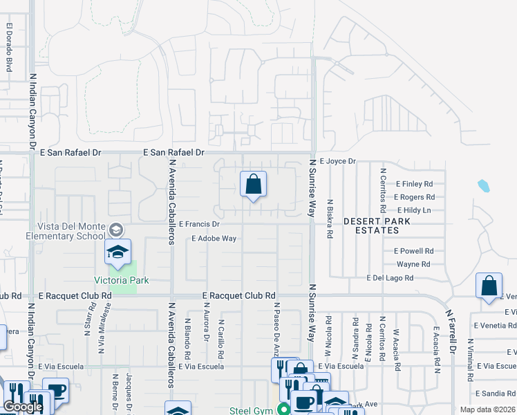map of restaurants, bars, coffee shops, grocery stores, and more near in Palm Springs