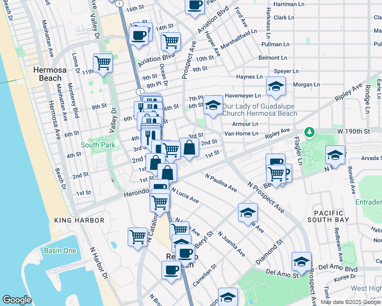 map of restaurants, bars, coffee shops, grocery stores, and more near 1003 1st Street in Hermosa Beach