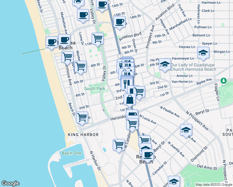 map of restaurants, bars, coffee shops, grocery stores, and more near 655 2nd Street in Hermosa Beach