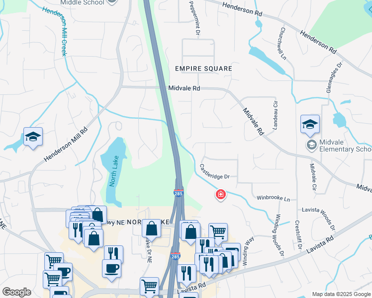 map of restaurants, bars, coffee shops, grocery stores, and more near 3490 Castlehill Court in Tucker