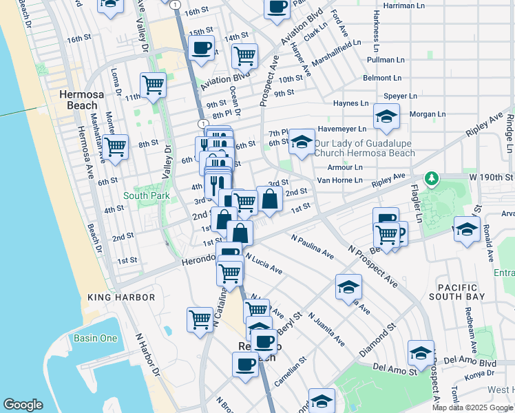 map of restaurants, bars, coffee shops, grocery stores, and more near 948 2nd Street in Hermosa Beach