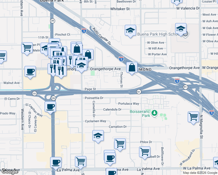 map of restaurants, bars, coffee shops, grocery stores, and more near 8221 Page Street in Buena Park