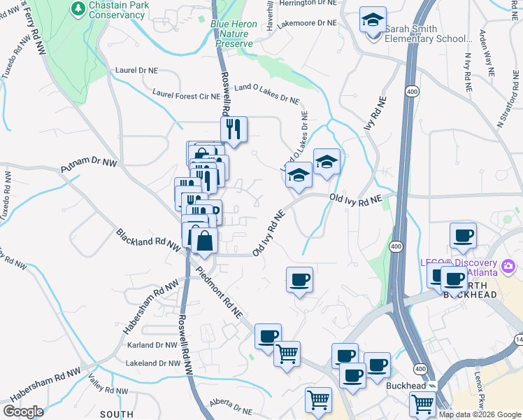 map of restaurants, bars, coffee shops, grocery stores, and more near 54 Ivy Parkway Northeast in Atlanta