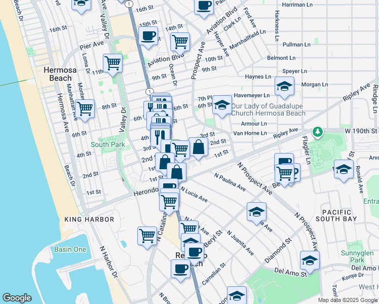 map of restaurants, bars, coffee shops, grocery stores, and more near 948 2nd Street in Hermosa Beach