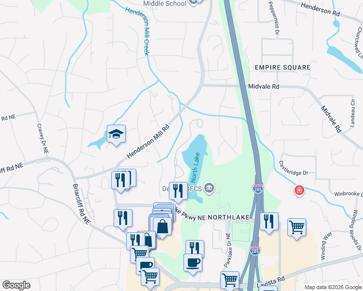 map of restaurants, bars, coffee shops, grocery stores, and more near 2481 Northlake Ct NE in Atlanta