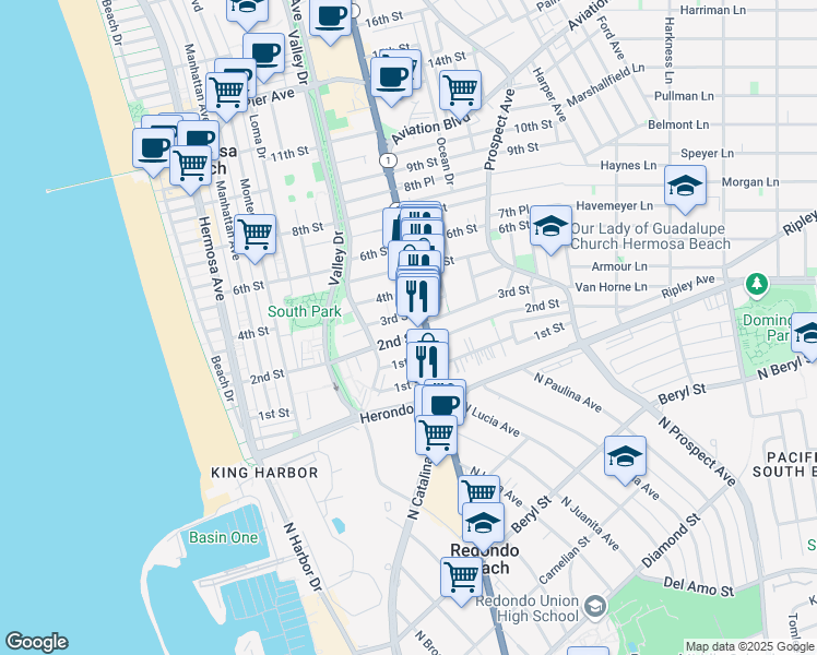map of restaurants, bars, coffee shops, grocery stores, and more near in Hermosa Beach