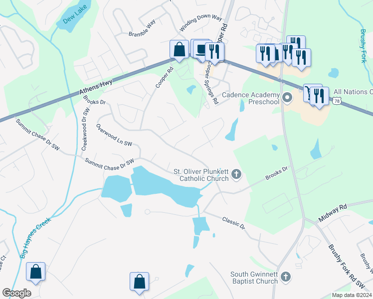 map of restaurants, bars, coffee shops, grocery stores, and more near 3056 Brooks Drive in Snellville