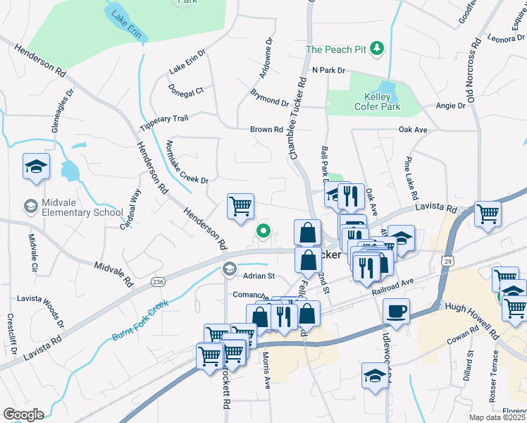 map of restaurants, bars, coffee shops, grocery stores, and more near 4101 Morgan Road in Tucker