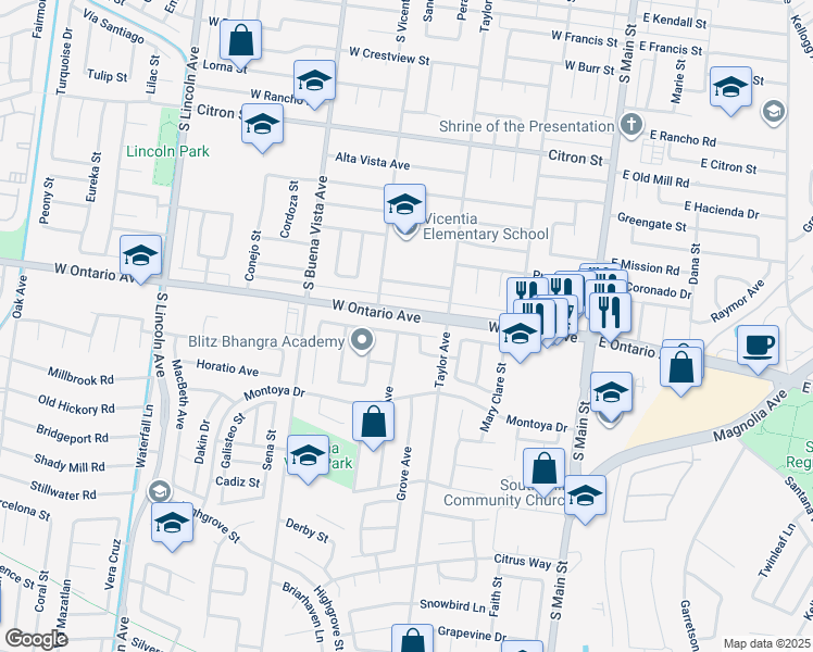 map of restaurants, bars, coffee shops, grocery stores, and more near 765 Alsace Drive in Corona