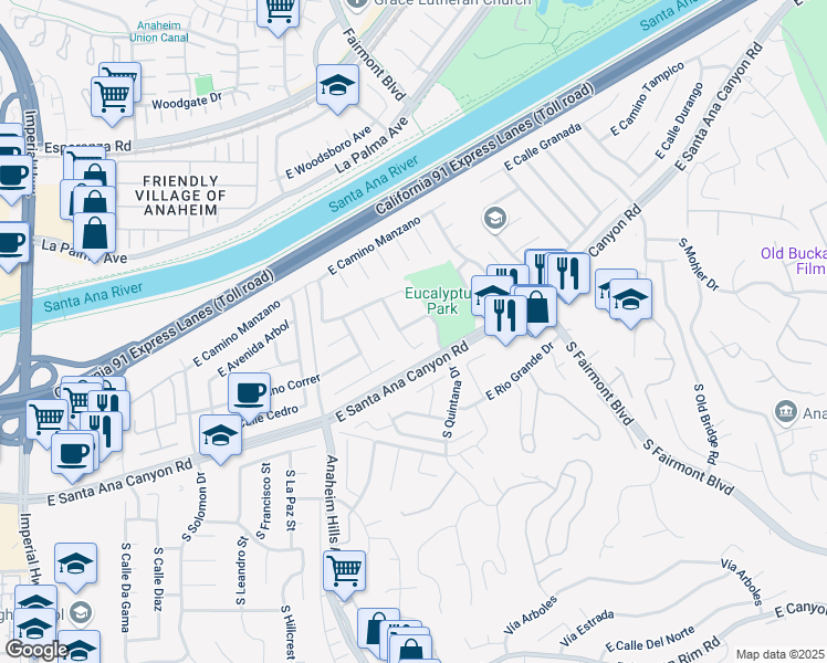 map of restaurants, bars, coffee shops, grocery stores, and more near 6179 East Paseo Rio Verde in Anaheim