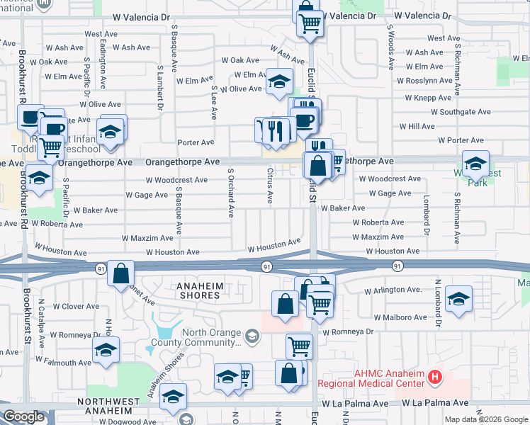 map of restaurants, bars, coffee shops, grocery stores, and more near 1432 South Lovering Avenue in Fullerton