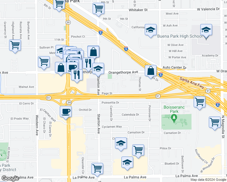 map of restaurants, bars, coffee shops, grocery stores, and more near 8111 Page Street in Buena Park