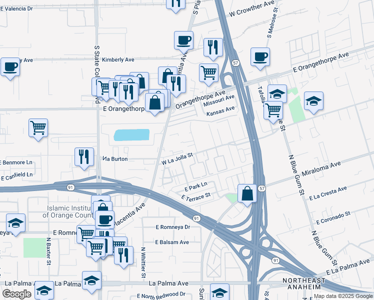 map of restaurants, bars, coffee shops, grocery stores, and more near 821 West La Jolla Street in Placentia