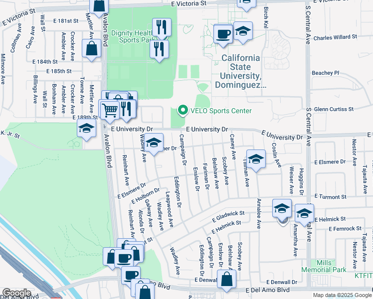 map of restaurants, bars, coffee shops, grocery stores, and more near 19202 Campaign Drive in Carson