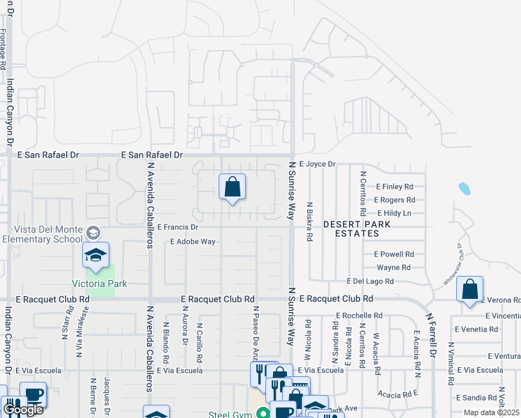 map of restaurants, bars, coffee shops, grocery stores, and more near 1524 Sunflower Circle in Palm Springs
