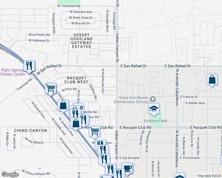 map of restaurants, bars, coffee shops, grocery stores, and more near 133 West San Carlos Road in Palm Springs