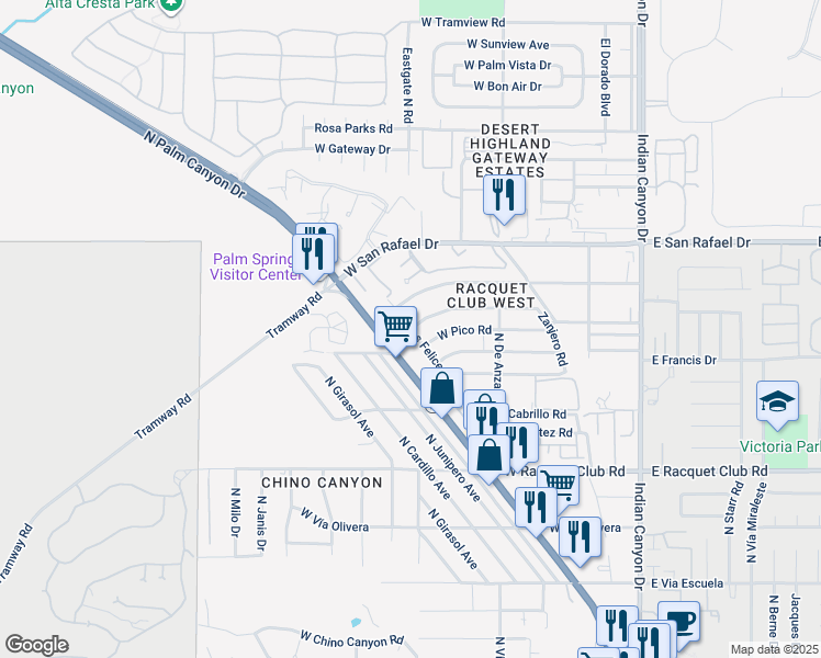 map of restaurants, bars, coffee shops, grocery stores, and more near North Los Felices Road in Palm Springs