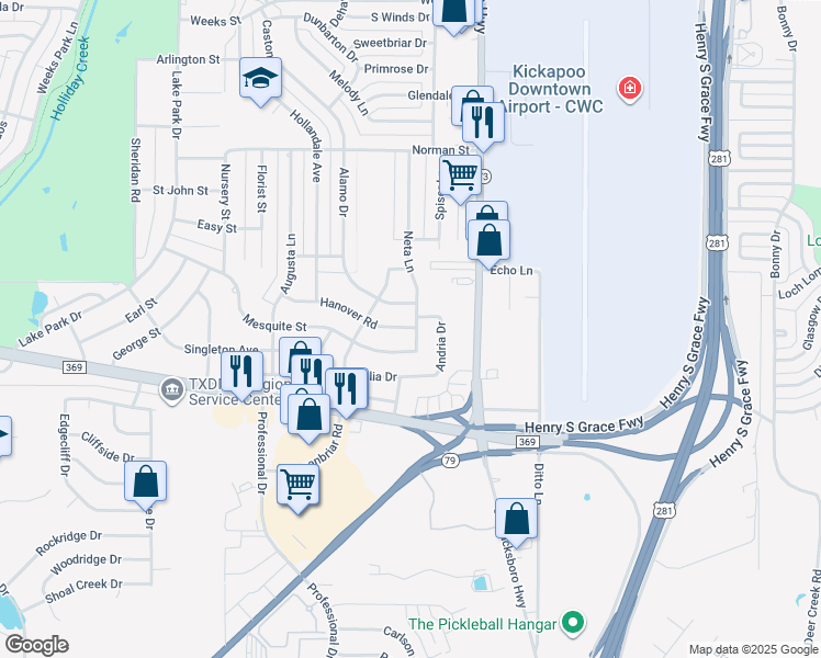 map of restaurants, bars, coffee shops, grocery stores, and more near 1519 Hanover Road in Wichita Falls