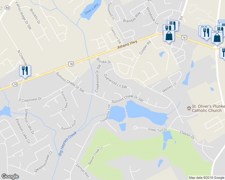 map of restaurants, bars, coffee shops, grocery stores, and more near 2950 Summit Ridge Rd in Snellville
