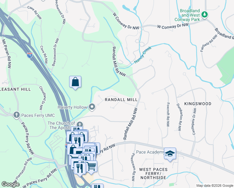 map of restaurants, bars, coffee shops, grocery stores, and more near 1141 Regency Road Northwest in Atlanta