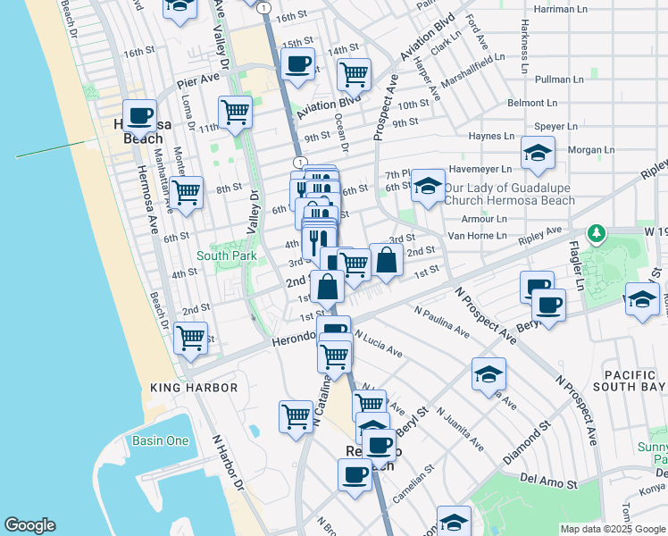 map of restaurants, bars, coffee shops, grocery stores, and more near 814 3rd Street in Hermosa Beach