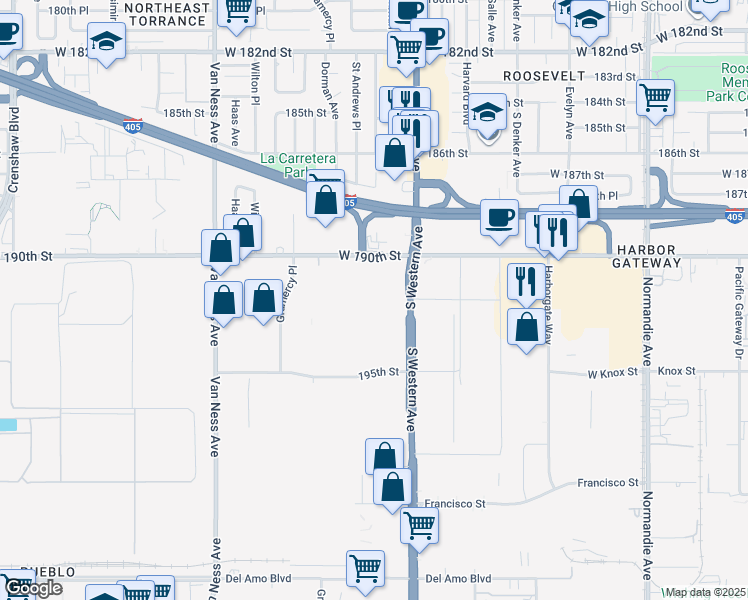 map of restaurants, bars, coffee shops, grocery stores, and more near 19001 South Western Avenue in Torrance