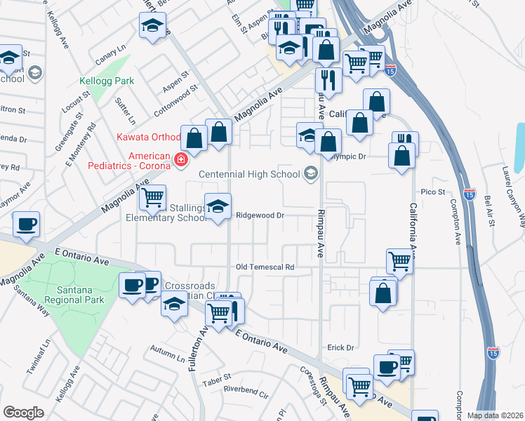 map of restaurants, bars, coffee shops, grocery stores, and more near 973 Ridgewood Drive in Corona