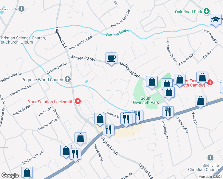 map of restaurants, bars, coffee shops, grocery stores, and more near 1912 Ashwood Grove Drive in Snellville