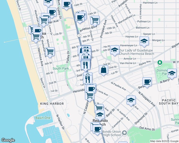 map of restaurants, bars, coffee shops, grocery stores, and more near 814 3rd Street in Hermosa Beach