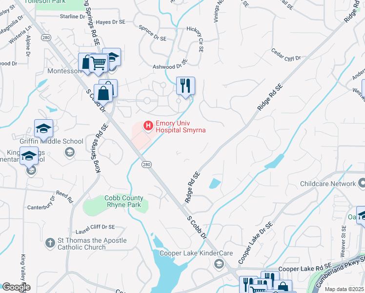 map of restaurants, bars, coffee shops, grocery stores, and more near 4005 South Cobb Drive Southeast in Smyrna