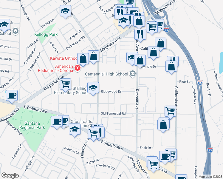 map of restaurants, bars, coffee shops, grocery stores, and more near 973 Ridgewood Drive in Corona