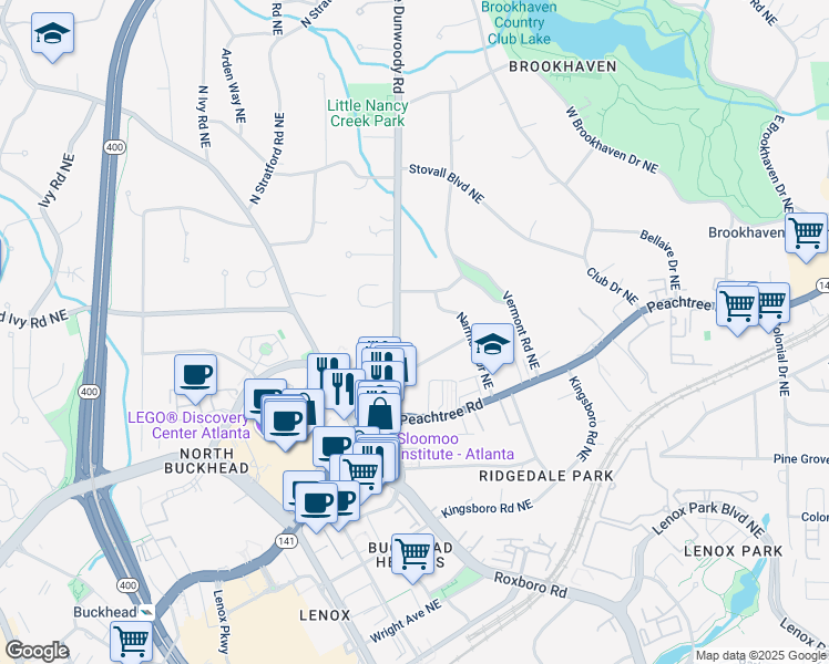 map of restaurants, bars, coffee shops, grocery stores, and more near 3735 Peachtree Dunwoody Road in Atlanta