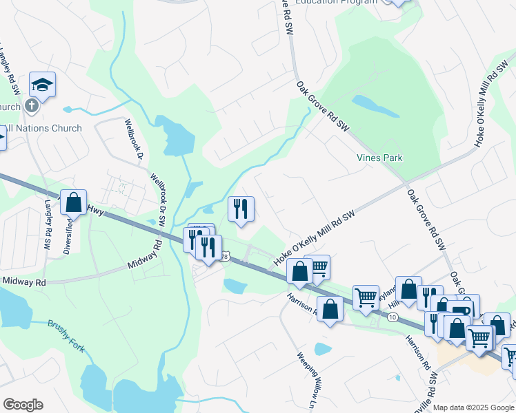 map of restaurants, bars, coffee shops, grocery stores, and more near 483 Cherry Creek Drive in Loganville