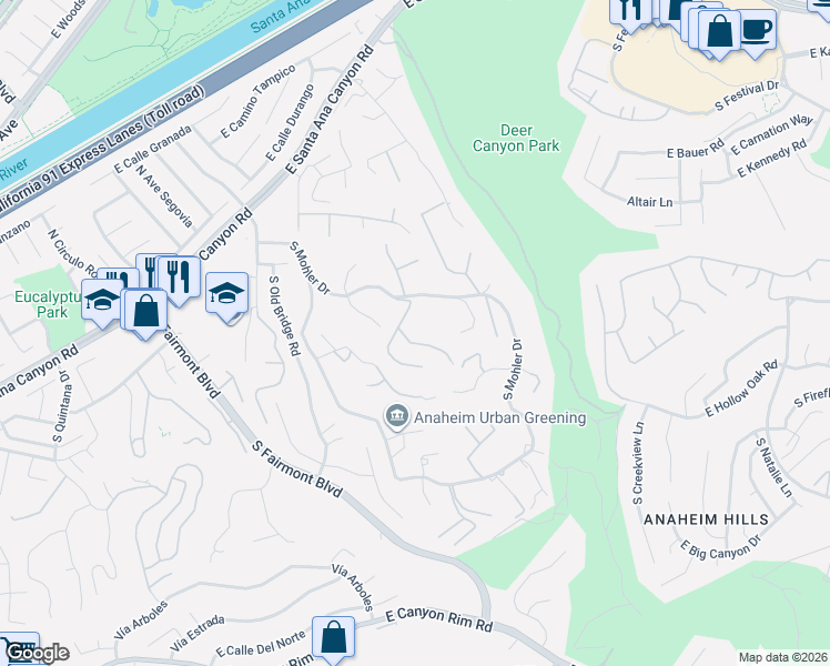 map of restaurants, bars, coffee shops, grocery stores, and more near 335 South Timken Road in Anaheim