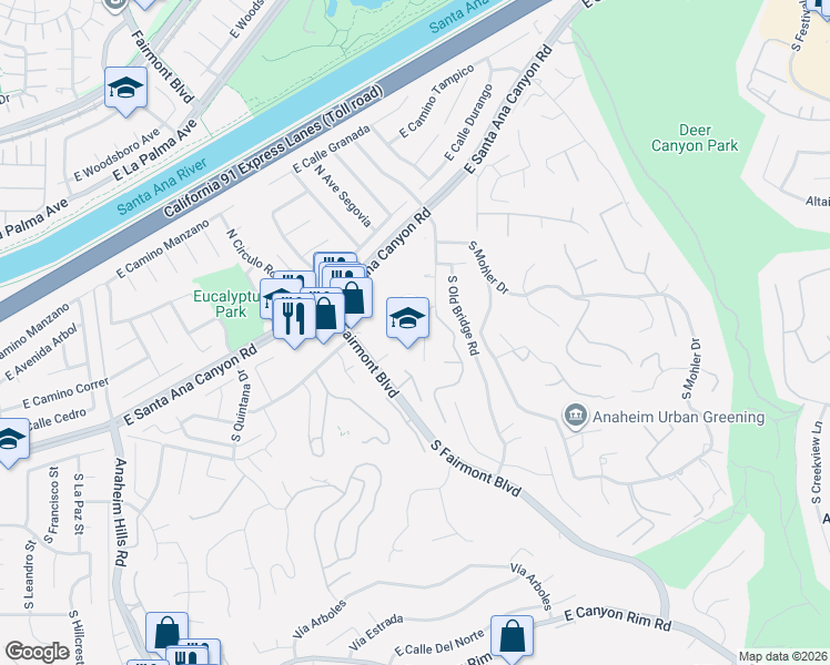 map of restaurants, bars, coffee shops, grocery stores, and more near 243 South Del Giorgio Road in Anaheim