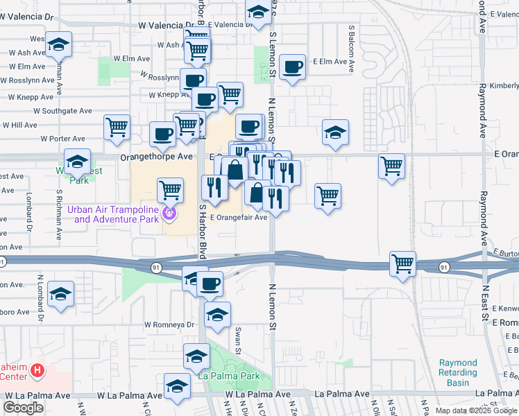 map of restaurants, bars, coffee shops, grocery stores, and more near 51 Orangefair Avenue in Fullerton