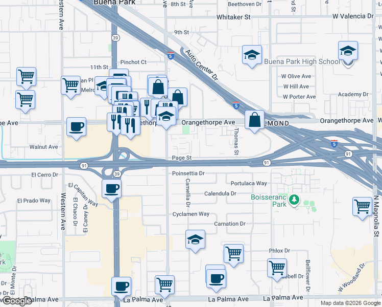 map of restaurants, bars, coffee shops, grocery stores, and more near 8111 Page Street in Buena Park