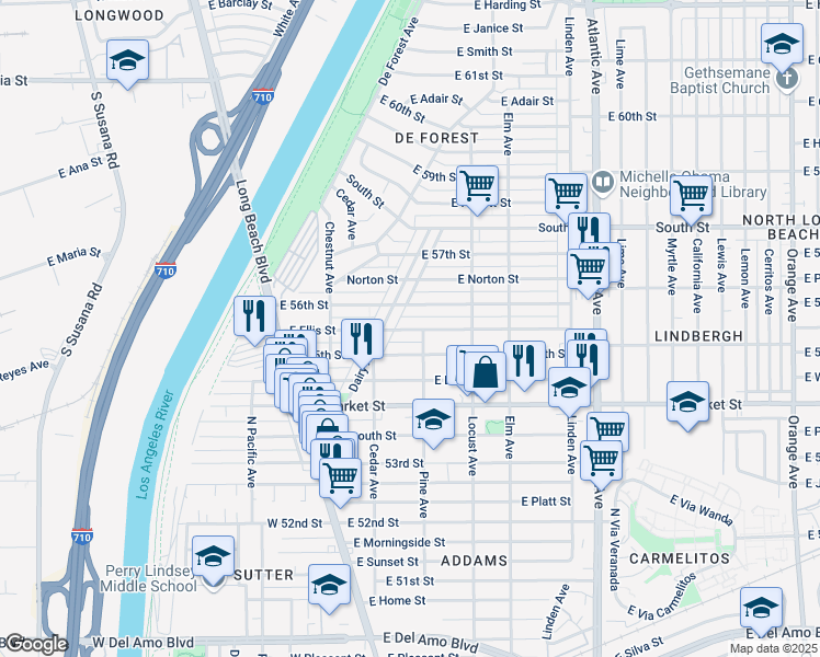 map of restaurants, bars, coffee shops, grocery stores, and more near 178 East Ellis Street in Long Beach