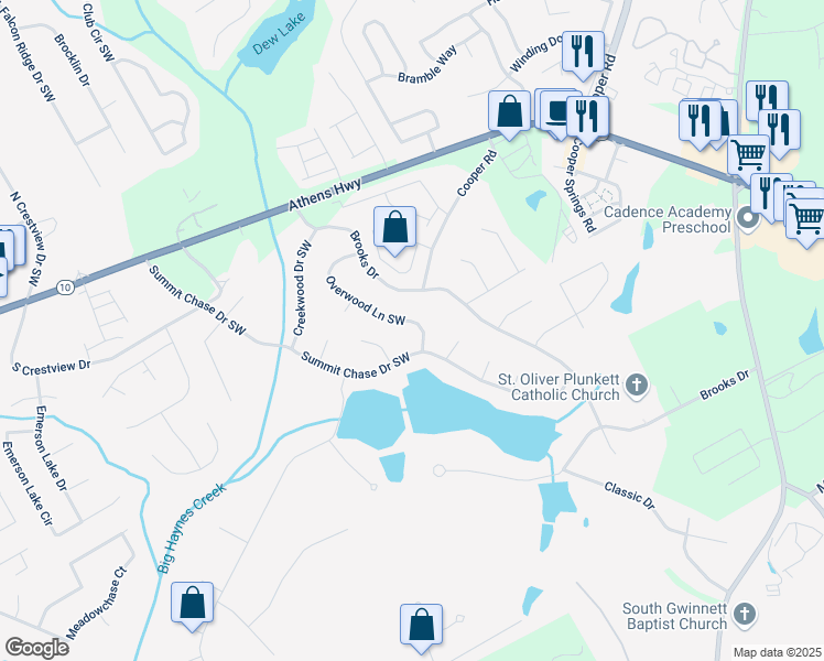 map of restaurants, bars, coffee shops, grocery stores, and more near 2979 Overwood Lane Southwest in Snellville