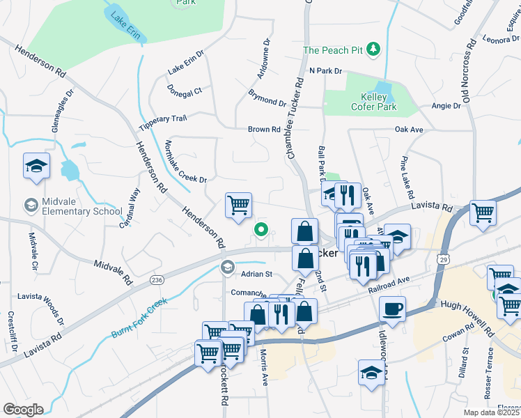 map of restaurants, bars, coffee shops, grocery stores, and more near 4101 Morgan Road in Tucker