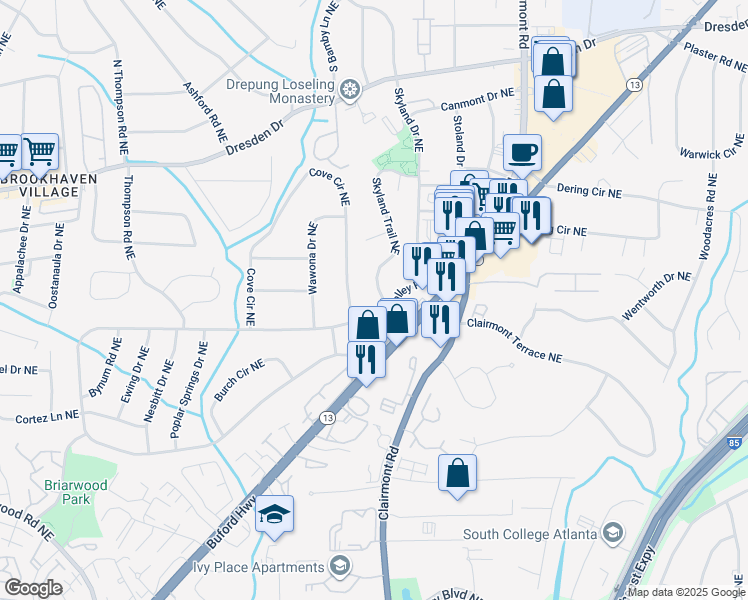 map of restaurants, bars, coffee shops, grocery stores, and more near 2434 Skyland Trail Northeast in Atlanta