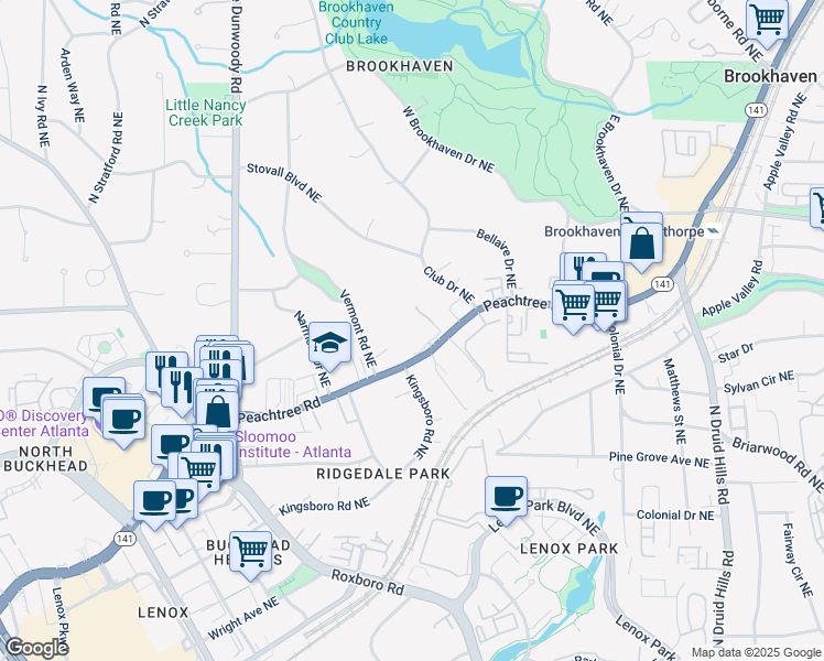 map of restaurants, bars, coffee shops, grocery stores, and more near 3750 Peachtree Road Northeast in Atlanta