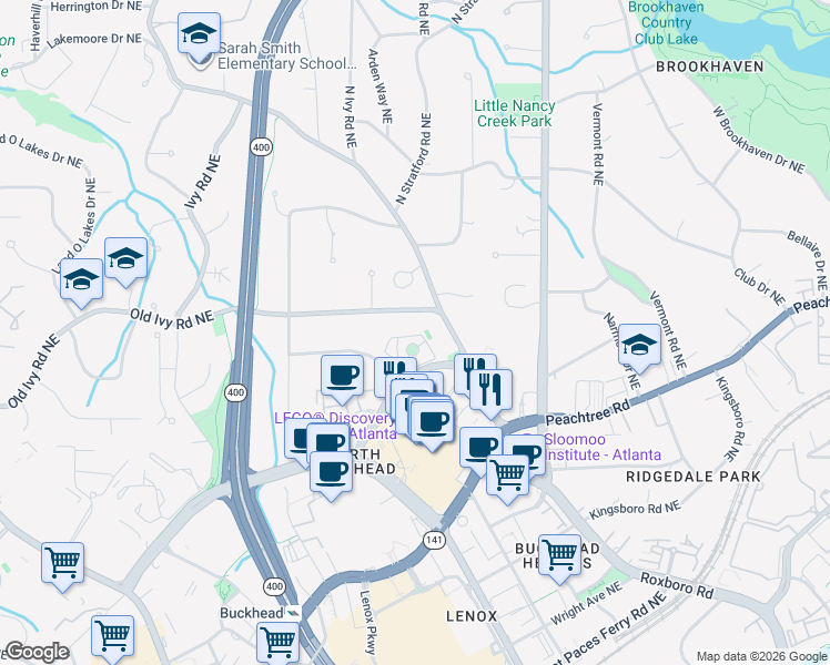 map of restaurants, bars, coffee shops, grocery stores, and more near 13 Conifer Circle Northeast in Atlanta