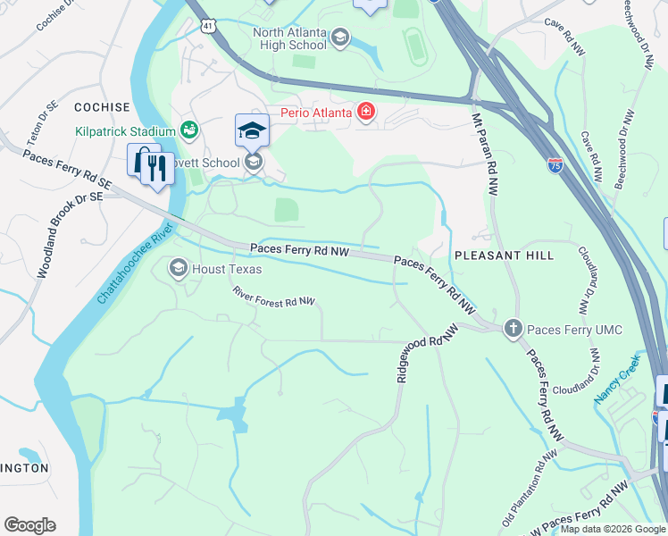 map of restaurants, bars, coffee shops, grocery stores, and more near 3906 Paces Ferry Road Northwest in Atlanta