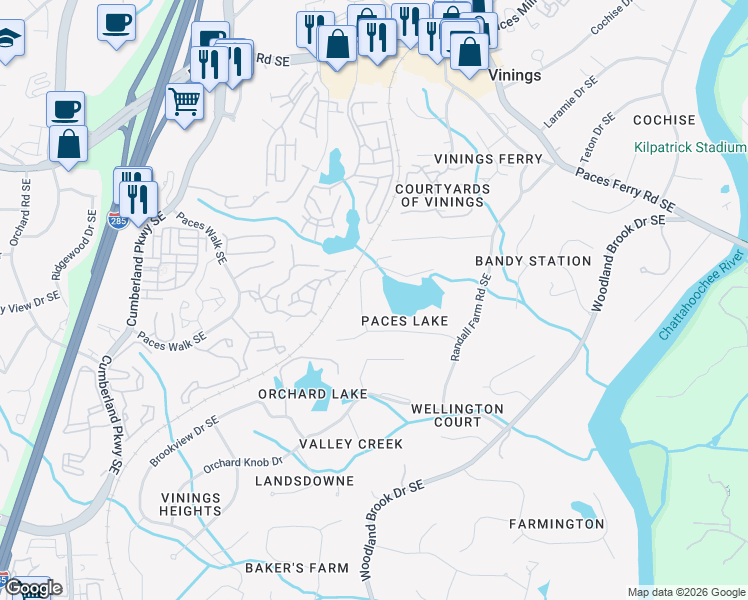 map of restaurants, bars, coffee shops, grocery stores, and more near 2915 Paces Lake Court Southeast in Atlanta