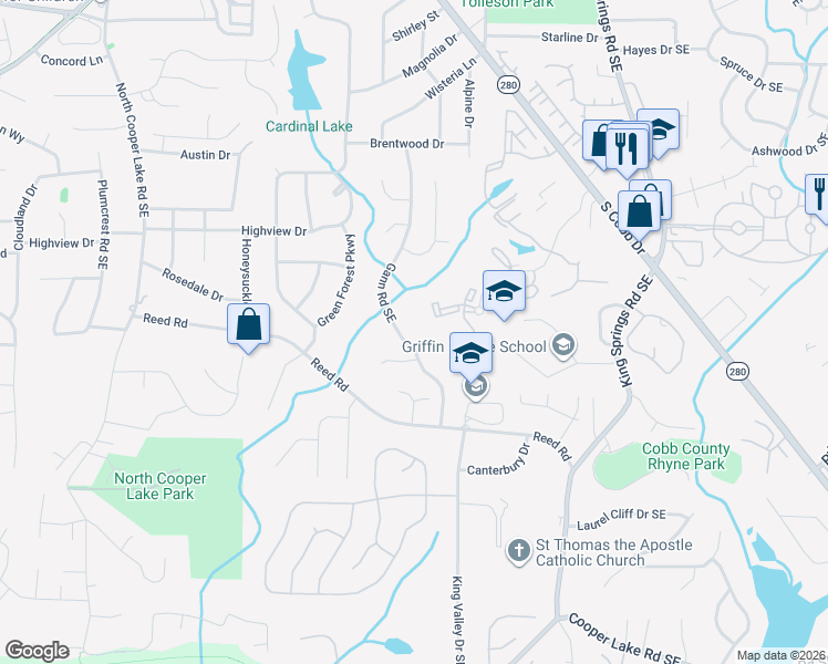 map of restaurants, bars, coffee shops, grocery stores, and more near 3961 Gann Road Southeast in Smyrna