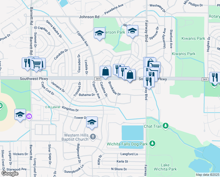 map of restaurants, bars, coffee shops, grocery stores, and more near 4714 Brookdale Drive in Wichita Falls