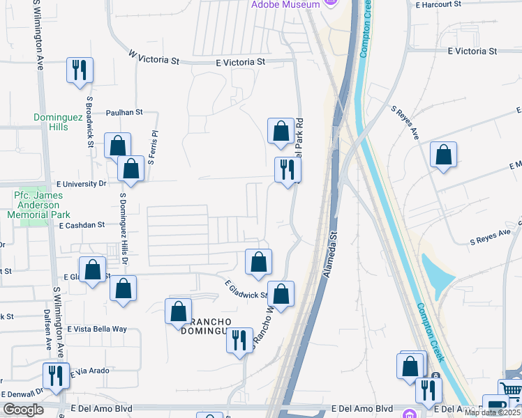 map of restaurants, bars, coffee shops, grocery stores, and more near 19009 South Laurel Park Road in Los Angeles County