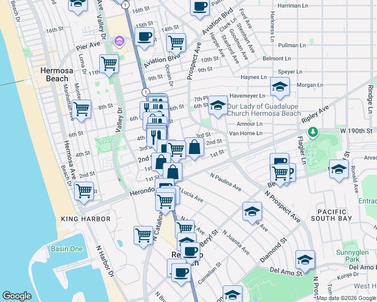 map of restaurants, bars, coffee shops, grocery stores, and more near 922 2nd Street in Hermosa Beach