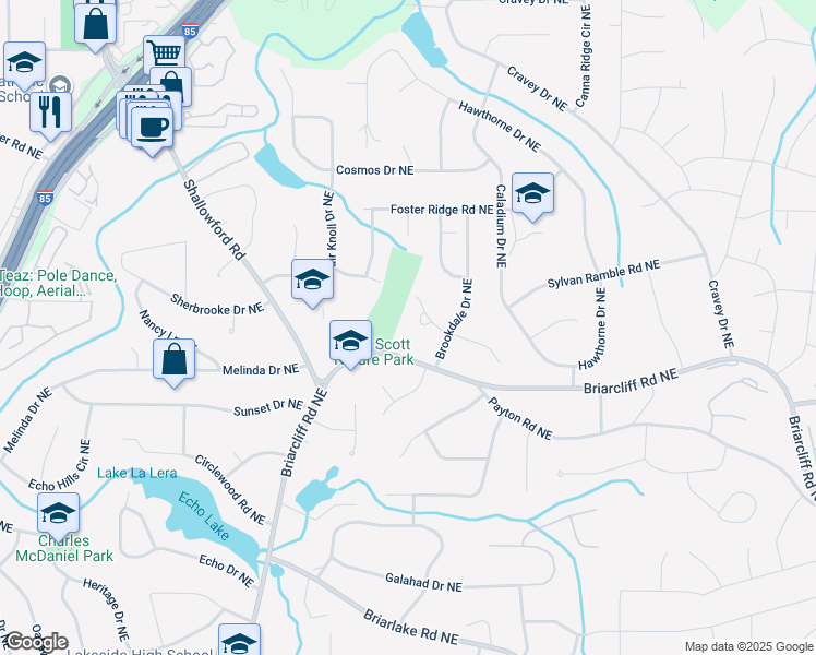 map of restaurants, bars, coffee shops, grocery stores, and more near 2743 Overlook Drive Northeast in Atlanta